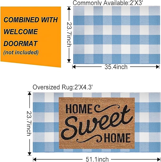 Light Blue and White Outdoor Rug 24''x35'' Buffalo Plaid Porch Mat Cotton Woven Washable Carpet for Layered Doormat Hello/Welcome Door Mat,Kitchen,Farmhouse,Entryway
