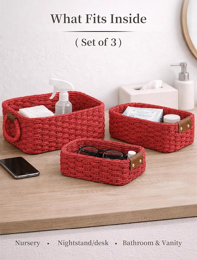 Small Wicker Baskets, 3 PCS Paper Rope Baskets for Shelves, Red | Recycled Small Baskets, 3 Sizes Woven Baskets for Organizing, Decorative Storage Baskets for Bedroom and Bathroom