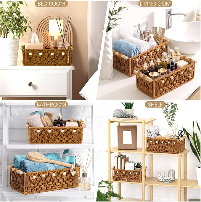 Vesici 4 Pcs Rustic Brown Macrame Storage Basket for Shelves 13 in 11 in Boho Basket Hand Woven Boxes with Wood Handles Beads Decorative Countertop Toilet Tank Cabinet Organizer for Home Room Decor