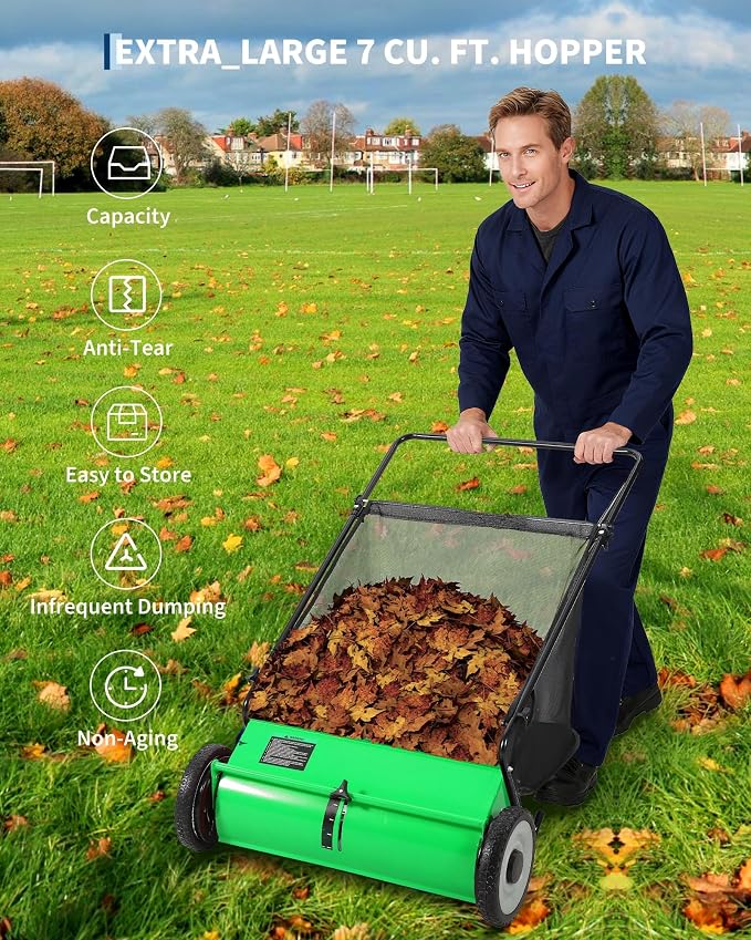 26-Inch Push Lawn Sweeper, 7 Cu. Ft. Hopper Capacity Leaf & Grass Collector with 4 Spinning Brushes, Adjustable Height, for Grass Clippings, Leaves & Debris, Green