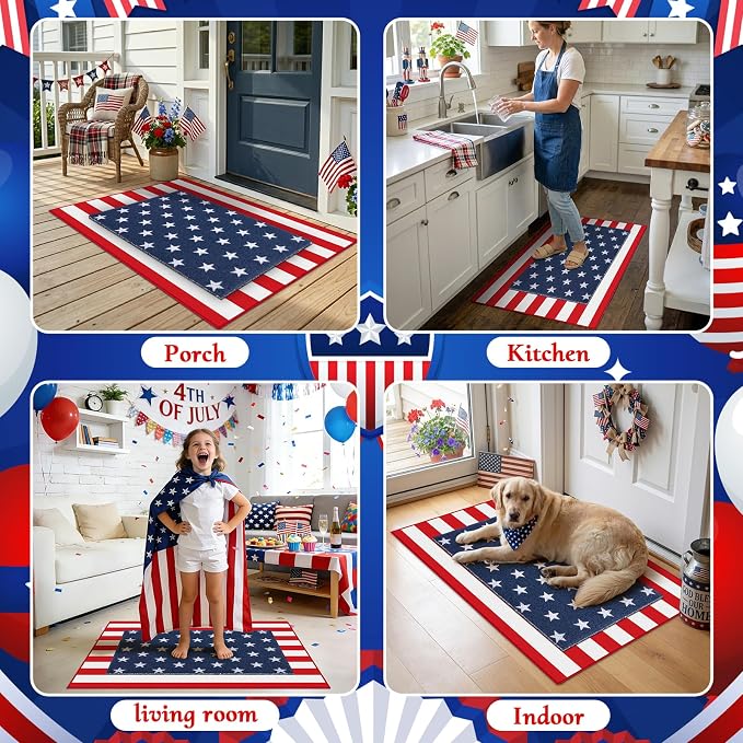 2PCS 4th of July Door Mat Combination, Patriotic Stars and Stripes Front Porch Decor, Independence Day Layered Welcome Mat, Red White and Blue Outdoor Rug for Memorial Day Entryway Decoration