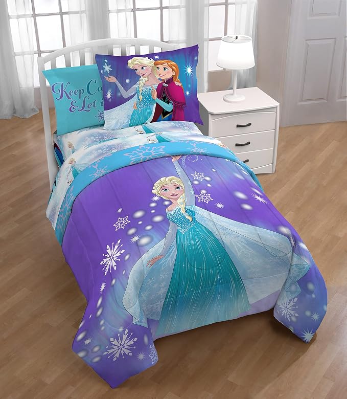 Disney Frozen 'Magical Winter' 5 Piece Twin Bed Set | Bed in a Bag, Comforter Sheets Sham Pillowcase, Official Brand, Soft Microfiber, Machine Washable, Easy Care, Girls Gift