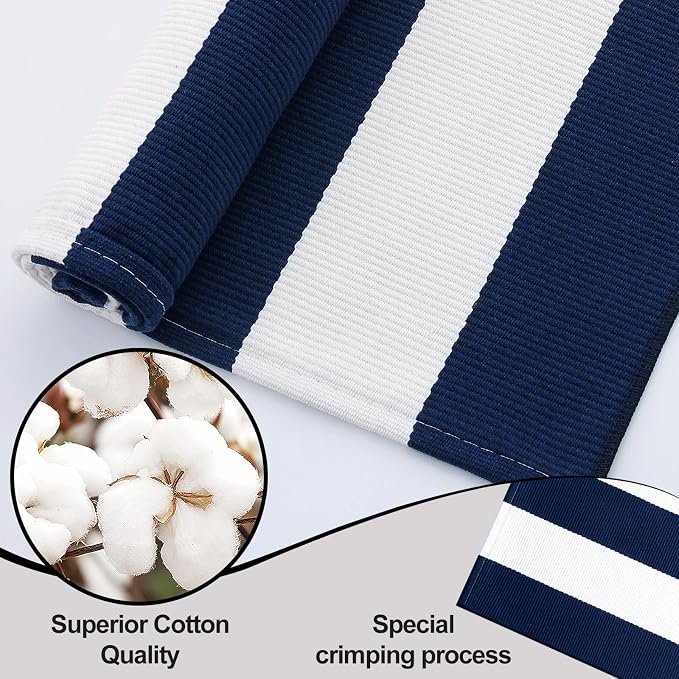 OLANLY Navy and White Striped Rug 2' x 4'3" (24" x 51") – Washable Cotton Indoor Outdoor Doormat for Front Door, Entryway, Kitchen, Porch, Patio Decor