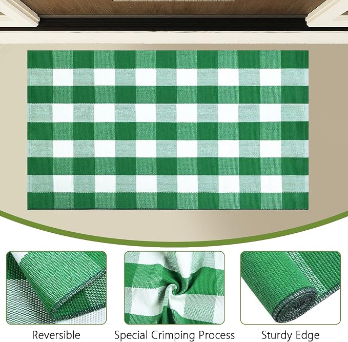Buffalo Plaid Area Rug, Checkered Rug 27.5x43 Inches, Green and White Rug, Washable Cotton Mat for Front Porch, Entryway, Kitchen, Living Room, Home Decor