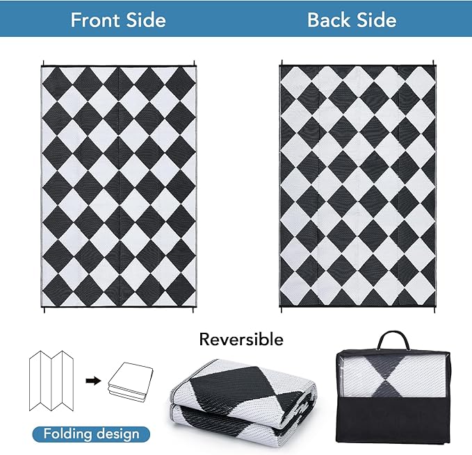 GarveeLife 9x18 Outdoor Rug for Patio Reversible, Plastic Straw Rug Waterproof Camping Rug Portable, Foldable Lightweight Mat for RV, Patio, Backyard, Deck, Picnic, Beach, Balcony (Black/White)