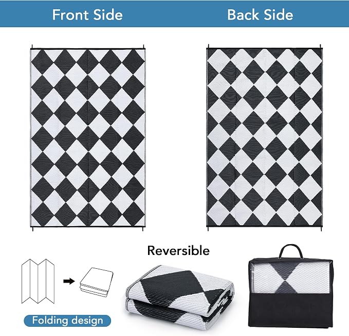 GarveeLife 8x10 Outdoor Rug for Patio Reversible, Plastic Straw Rug Waterproof Camping Rug Portable, Foldable Lightweight Mat for RV, Patio, Backyard, Deck, Picnic, Beach, Balcony (Black/White)