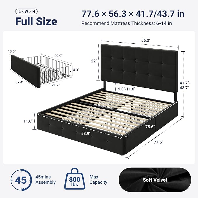 Allewie Upholstered Full Size Platform Bed Frame with 4 Storage Drawers and Adjustable Headboard, Square Button Tufted, Wooden Slats Support, Noise-Free, No Box Spring Needed, Easy Assembly, Black