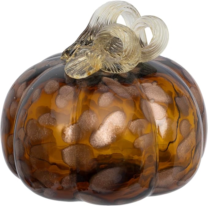 Boston International Handblown Art Glass Pumpkin Thanksgiving Halloween Decorations for Home, Small, Coffee Brown