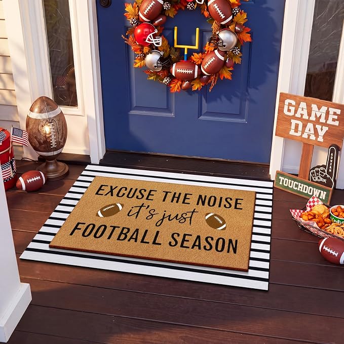Tinideya 2 Pcs Football Layered Doormat Set, Football Season Funny Quote Welcome Mats with Black White Striped Rug, Non Slip Fall Porch Decor for Game Day Tailgate Entryway Patio