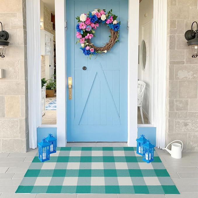 SEEKSEE Buffalo Plaid Outdoor Rug 27.5x43 Light Blue and White Front Door Mat, Layering Rug for Porch, Spring Summer Doormat, Front Porch Rug for Outdoor Entrance Entryway Patio Porch Decor
