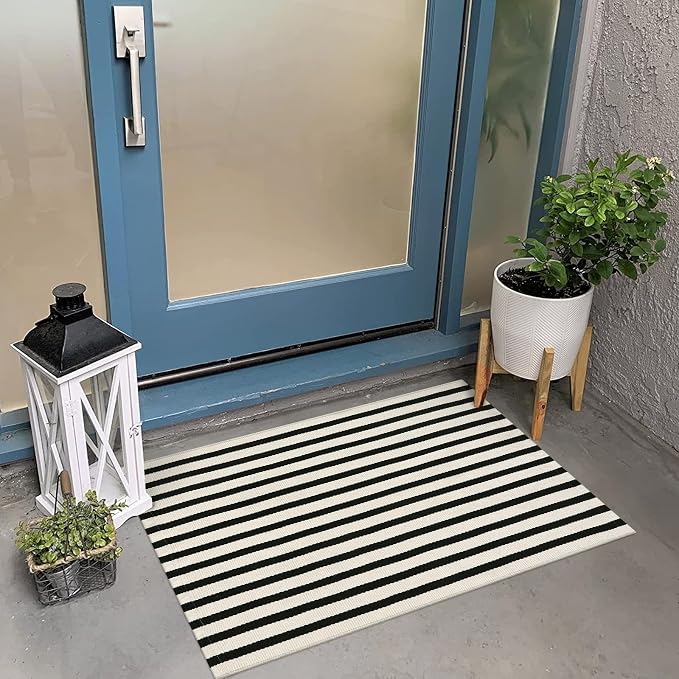 OJIA Front Door Mat 24"x35" Front Door Rug Outdoor Mat Porch Rug Doormat | Black Cream Striped Rug Machine Washable Entry Rug Cotton Woven Indoor Outdoor Small Area Rugs for Entrance/Entryway Decor