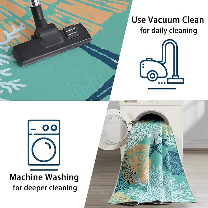 Tritard Coastal Area Rugs Nautical Beach Themed Non-Slip Machine Washable Rugs Modern Floor Carpet for Living Room Bedroom, 4x6, Teal and Turquoise