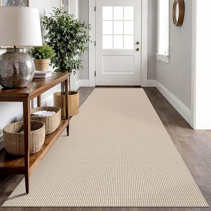 IOHOUZE Washable Runner Rug 3x10 Non Slip Rubber Backed Long Hallway Runner Entryway Runner Indoor, Kitchen Rugs Woven Cotton Floor Carpet for Hall Entrance, Cream/Beige