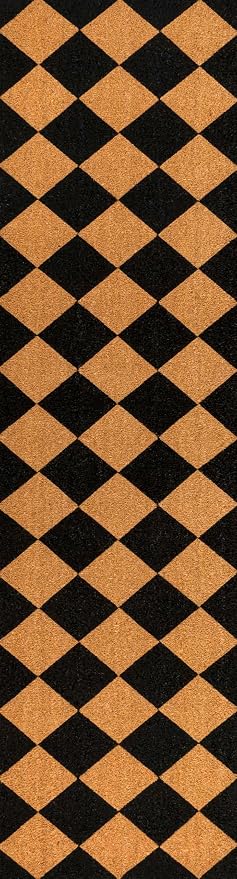 JONATHAN Y Natural Coir Indoor/Outdoor Runner Rug 2X8 Natural/Black Geo, Peater Classic Casual Commerical Doormat Ideal for Door Entrance, Patio, Porch, Backyard, Garages NRF111A-28