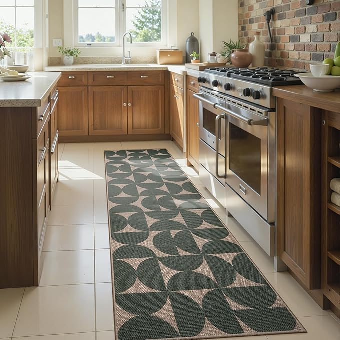 Lahome Semi Circle Easy Jute Kitchen Runner Rug, Green 2x8 Washable Runner | Non Slip Lightweight Stain Resistant Indoor Outdoor Long Carpet for Entryway Hallway Laundry