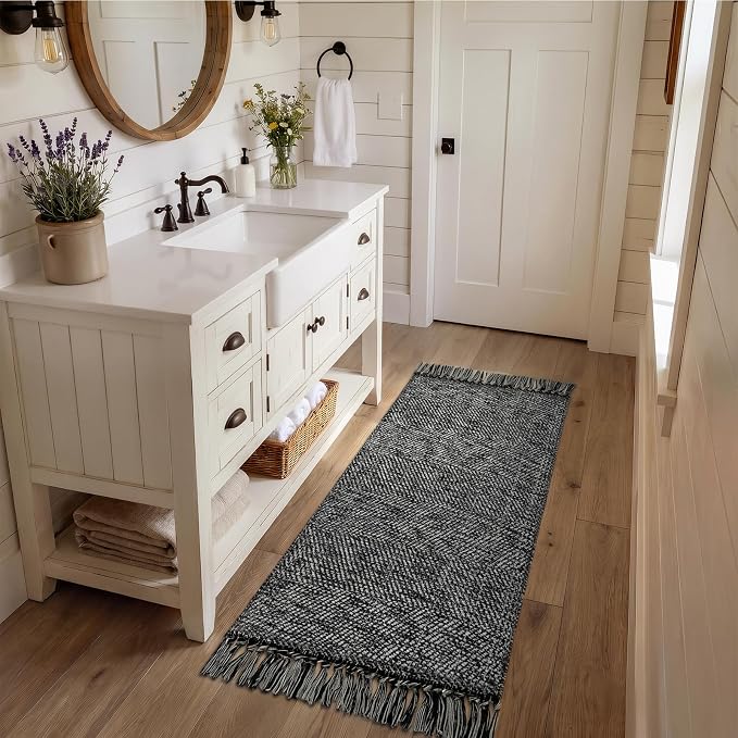 Collive Bathroom Runner Rug, 2' x 5' Modern Farmhouse Kitchen Runner Rug Hand-Woven Entryway Rugs Runners for Hallway, Black Boho Washable Laundry Carpet Indoor Front Door Mat for Bedroom Decor