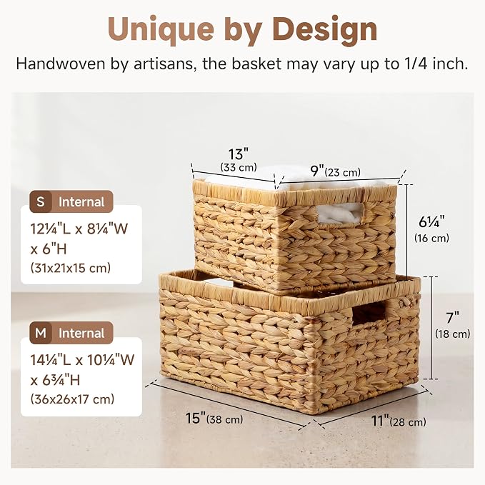 StorageWorks Wicker Storage Baskets for Shelves,Hyacinth Baskets,2-Pack | Wicker Baskets for Organizing,Decorative Organizers with Handles,Wicker Baskets for Storage,Woven Baskets for Storage