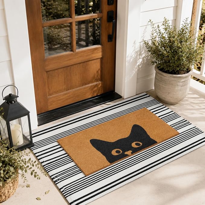 2 Pcs Outdoor Door Mat Combo Set Layered Outdoor Rug and Coir Welcome Doormat Non Slip Outside Floor Mat for Front Porch Entryway Patio Yard Decor(Cat,24'' X 51',18'' X 28'')