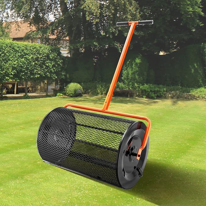 LawnMaster 16” Electric Dethatcher Scarifier and VEVOR 24” Steel Compost Spreader Bundle for Lawn and Garden