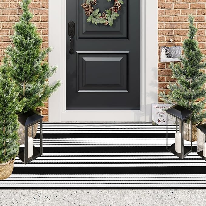 LEEVAN 3'X5' Black and White Striped Woven Cotton Reversible Outdoor Rug | Small Machine Washable Front Porch Rug, Entryway Door Mat, Indoor Layering Carpet for Farmhouse Bathroom Laundry