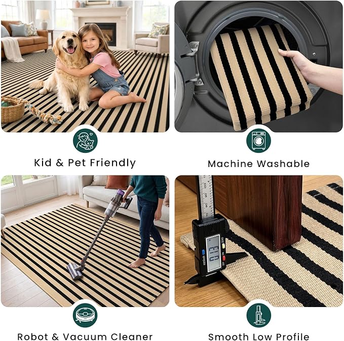 KOZYFLY Brown and Black Striped Runner Rug 2x4.3 ft Cotton Woven Washable Indoor Outdoor Doormat Small Front Door Rug for Entryway Porch Kitchen Hallway Patio Laundry Room