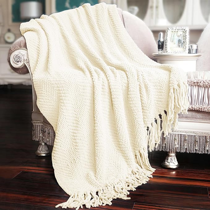 Home Soft Things White Throw Blanket Knitted Tweed Throw 50'' x 60'', Antique White, Super Soft Cozy Warm Comfortable Breathable Throw for Living Room Chair Couch Bed Sofa Bedroom Home Décor