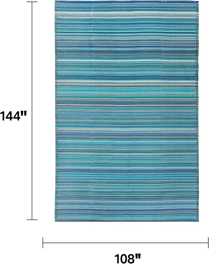 FH Home Outdoor Camping Rug - Waterproof, Fade Resistant, Reversible - Premium Recycled Plastic - Striped - Large Patio, Deck, Sunroom, RV - Havana - Turquoise - 9 x 12 ft Foldable