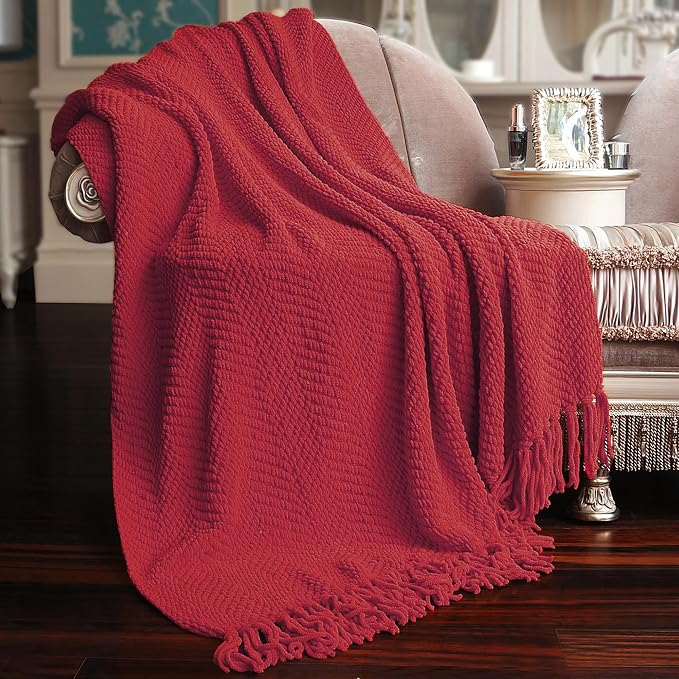Home Soft Things Red Throw Blanket Knitted Tweed Throw 50'' x 60'', Chili Pepper, Super Soft Cozy Warm Comfortable Breathable Throw for Living Room Chair Couch Bed Sofa Bedroom Home Décor