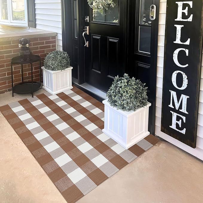 KILOCOCO Buffalo Plaid Checkered Rug 3x5 ft Brown and White Front Door Rug | Machine Washable Front Porch Rug, Outdoor Indoor Entryway Rug, Cotton Layered Doormat, Low Pile Rugs for Kitchen Patio