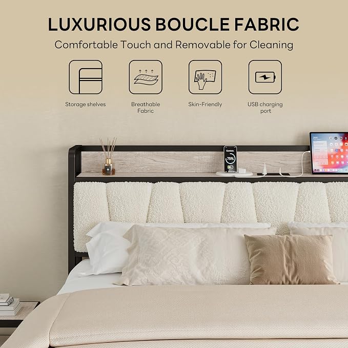 LIKIMIO King Size Bed Frames, Bouclé Storage Headboard with Charging Station, Solid and Stable, Noise Free, No Box Spring Needed, Easy Assembly