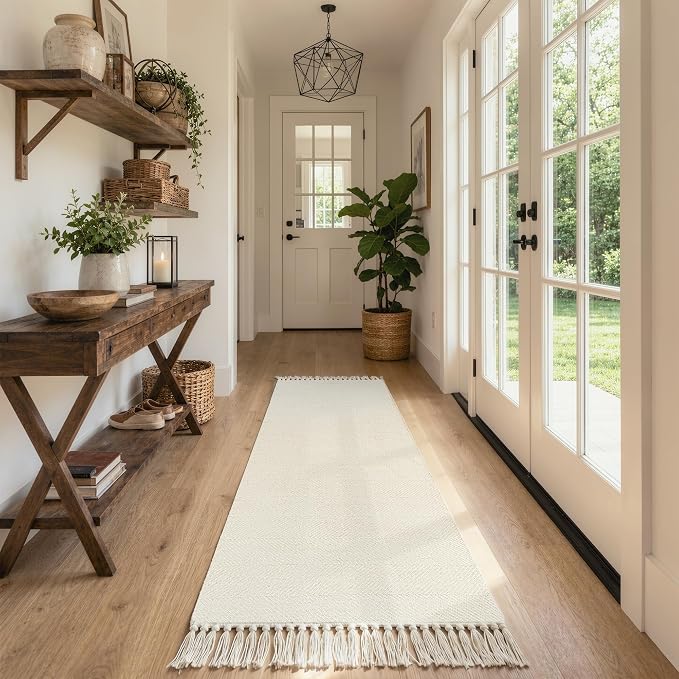 Collive Boho Washable Kitchen Runner Rug, Modern Farmhouse Hallway Runner Rug 2.6' x 8' White Bathroom Rugs, Hand Woven Entry Hall Carpet for Laundry Bedroom Decor