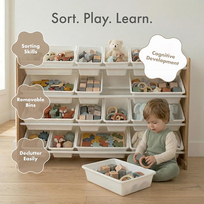 Humble Crew Kids Toy Organizer with 20 Bins, 4 Tier Storage for Playroom | Sturdy wood and steel toddler shelf, removable BPA-free containers, wall anchor anti-tip safety kit for bedroom or classroom