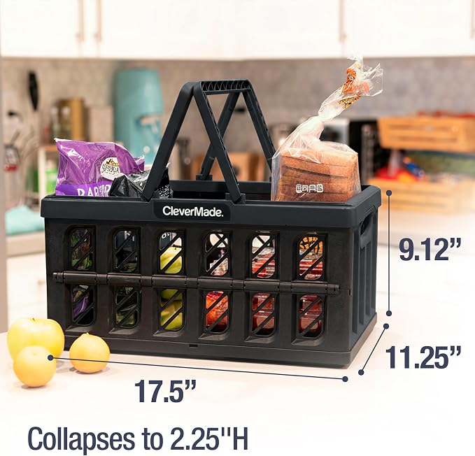 CleverMade Collapsible Shopping Basket, 24L, 3 Pack, Obsidian | Rigid walls protect groceries and supplies. Each basket carries 25 lb, stacks securely, and folds to 2.25 inches.