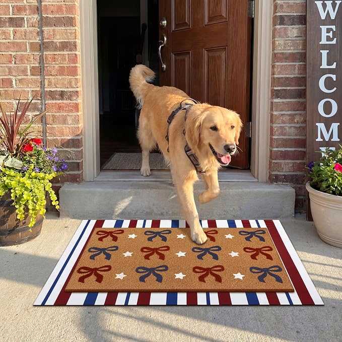Tinideya 2 Pcs Independence Day Door Mat Patriotic Welcome Non Slip Coir Mats 4th of July Bow Star Floor Layering Doormats Seasonal for Front Porch Entryway Decor(Bow)