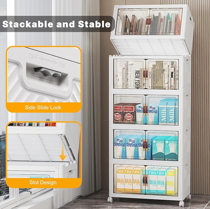 UAMFURI Stackable Storage Bins with Lid, 260QT Plastic Cabinet with Wheels | Large Capacity, Magnetic Door, Stack Lock, Rolling Wheels, Foldable Design, Organizers and Storage for Bedroom Dorm Garage