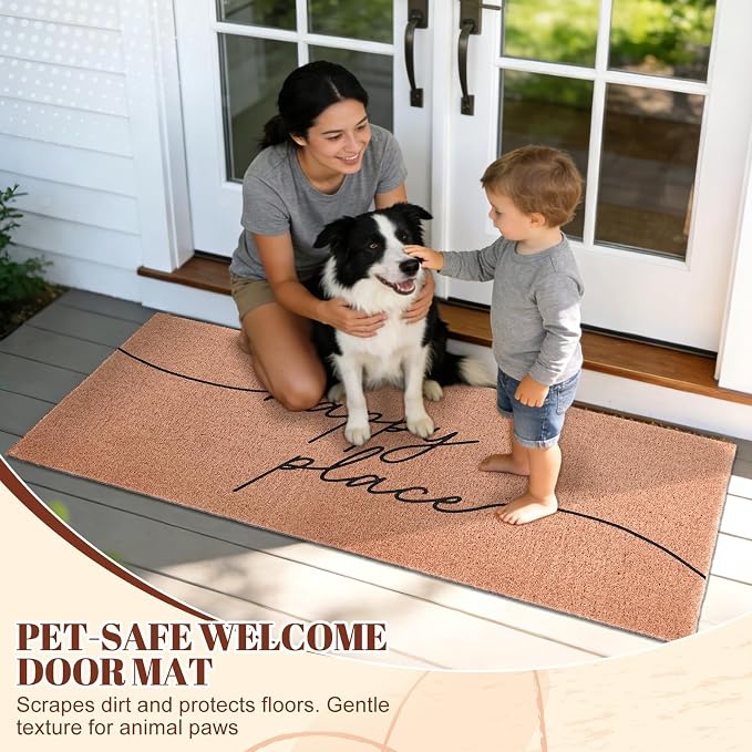 Happy Place Extra Long Doormat for Double Door Entrance, 24x59 Inch | Large Heavy Duty Front Porch Rug with Non Slip PVC Backing, Oversized Decorative Door Mat for Indoor Outdoor Entryway