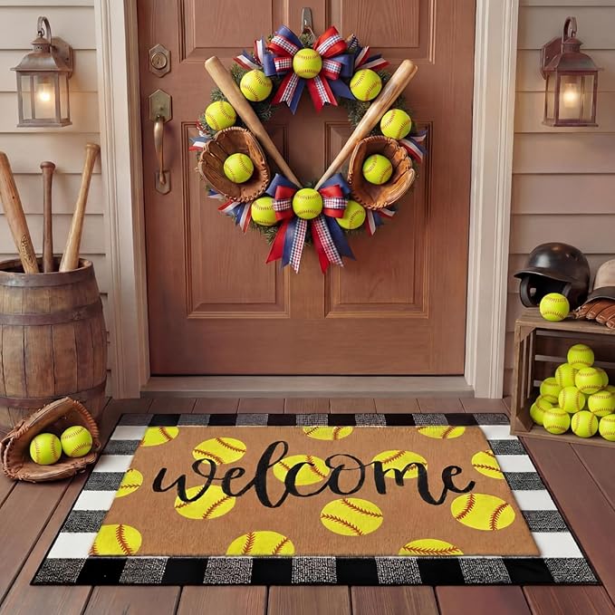 Tinideya 2 Pcs Softball Door Mat Welcome Non Slip Coir Mats Floor Layering Black and White Buffalo Plaid Doormats Seasonal for Front Porch Entryway Decor (23.6 x 35.4 Inches,Softball,Black, Brown)