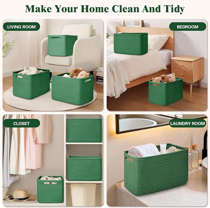 Storage Baskets for Organizing, 4 Pack Baskets for Shelves, Decorative Storage Bins for Shelves, Cotton Rope Storage Basket with Handles, Woven Basket for Storage, 13''Lx8.7''Wx7.9''H, Green