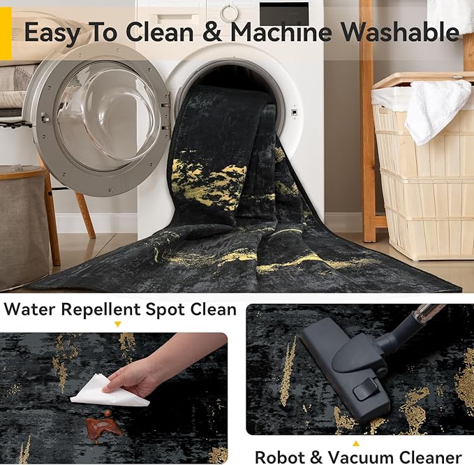 Washable Area Rugs 3x7 Non-Slip Modern Abstract Soft for Living Room Entryway Bedroom Nursery, Print Pattern, Dark Black Gold