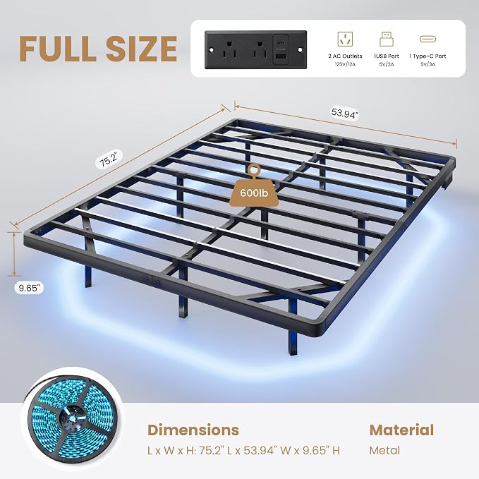 SHA CERLIN Full Size Floating Bed Frame with Smart LED Lights, Black | Modern Design Metal Platform Bed with Power Strip, No Box Spring Needed, Noise-Free, Easy Assembly