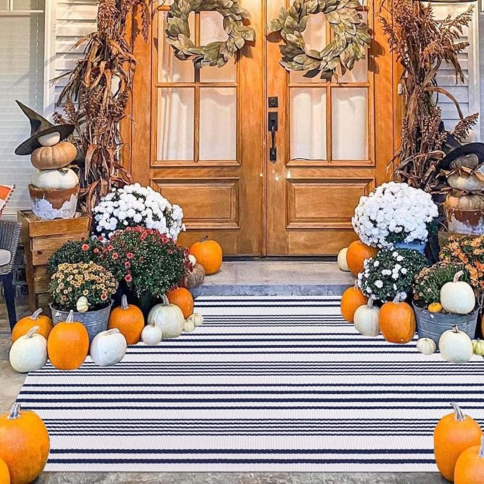 BUAGETUP Blue and White Outdoor Rug 3'x 5' Hand-Woven Cotton Washable Rug Striped Front Porch Rug Indoor/Outdoor Area Rug Floor Mat for Farmhouse/Layered Door Mats/Living Room