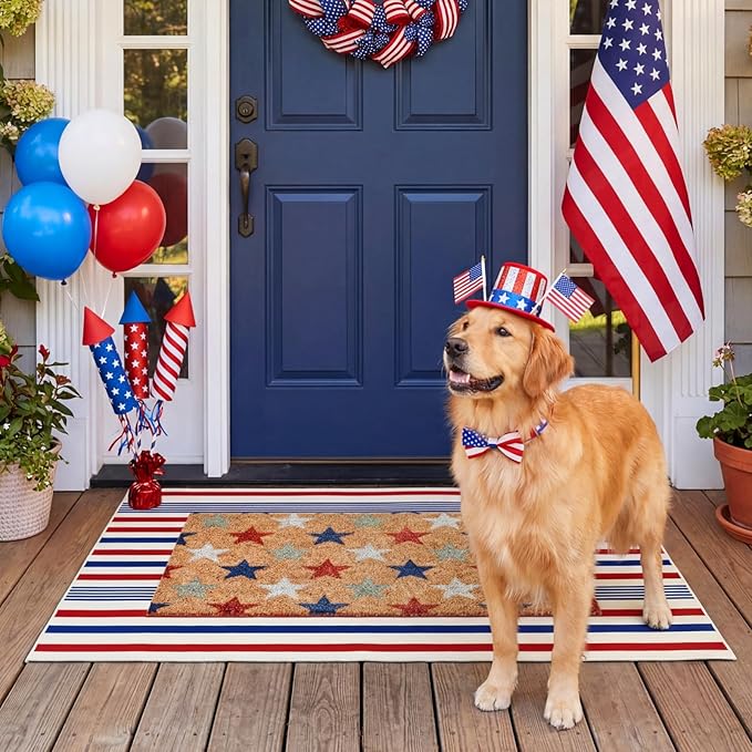 Moucuny 2 Pcs 4th of July Patriotic Coir Door Mat 24'' x 35'' Red Blue White Patriotic Outdoor Rug 16'' x 28'' Star Coir Doormat Non Slip Independence Day Welcome Doormat for Outside Porch Front Decor