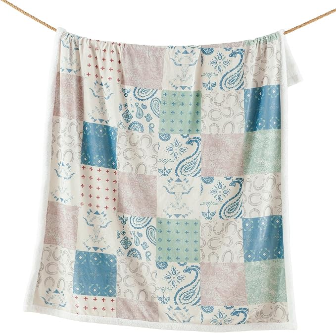 Indigo Hill by HiEnd Accents Patchwork Paisley 54x68 Throw Blanket | Bandana, Longhorn, and Horseshoe Print, Western-Style Soft Sherpa Plush Fleece Blanket for the Couch, Sofa, or Bed