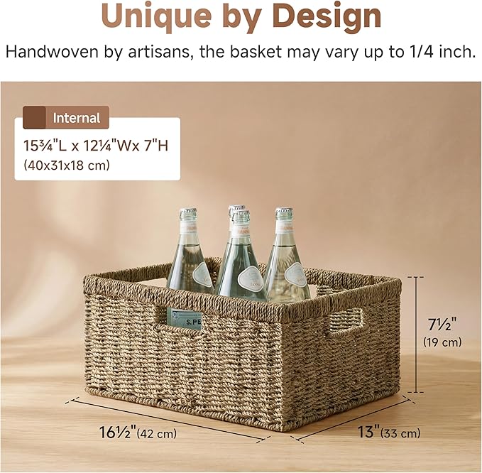 StorageWorks Extra Large Wicker Basket,Seagrass Storage Basket,1-Pack | Seagrass Baskets with Handles,Wicker Baskets for Organizing,Wicker Storage Baskets for Shelves,Woven Basket for Storage
