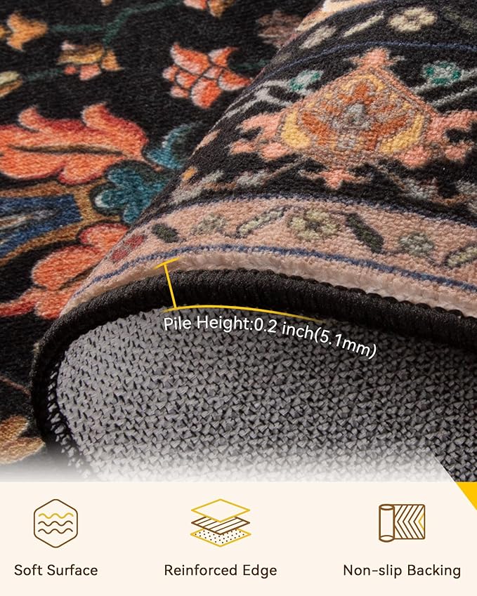 Area Rugs 2'x4' Kitchen Rugs Entry Rug Small Rugs for Entryway Kitchen Bathroom Door Mat Indoor Entrance,Washable Non Slip, Black Colorful Floral Dark Tan