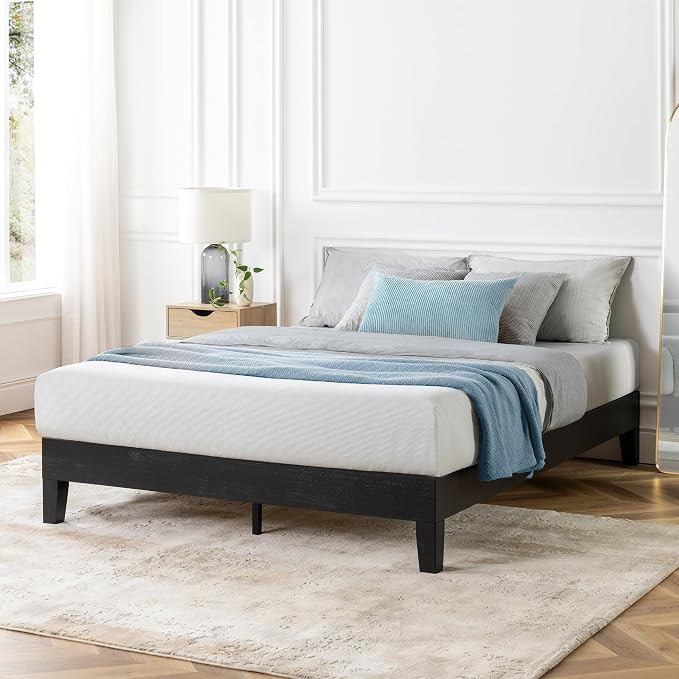 Mellow Naturalista Grand 12 Inch Solid Wood Platform Bed with Wooden Slats, Easy Assembly, Full, Black