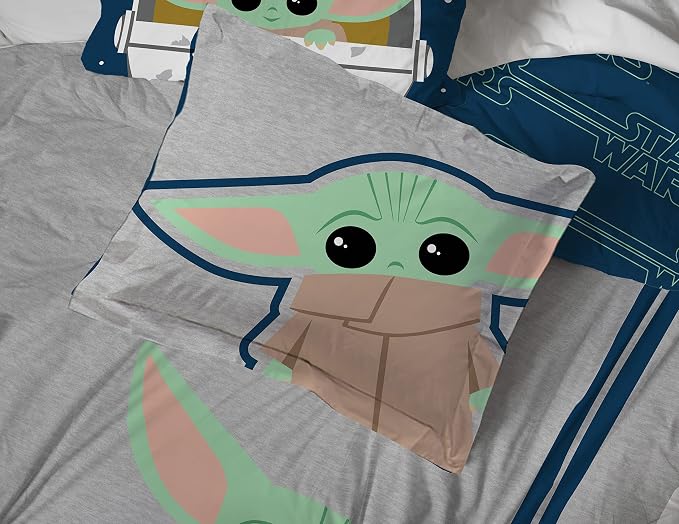 Star Wars Mandalorian Grogu Full Size Comforter Set 7 Piece Bedding, Gray | Baby Yoda, Bed in a Bag, Comforter Sheets Shams Pillowcases, Official Brand, Soft Microfiber, Machine Washable, Kids Gift