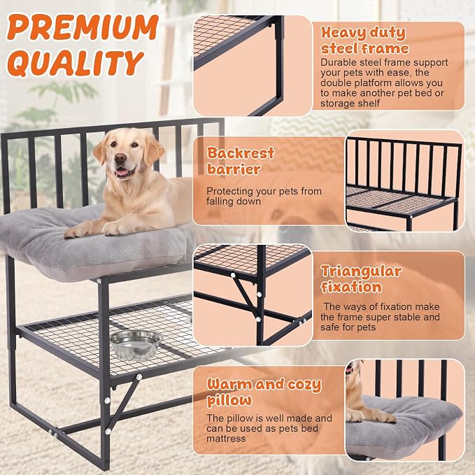 Leinuosen Adjustable Bedside Dog Bed for Large Dogs, 44"x39" Metal Co Sleeper Frame with Storage Shelf, Washable Cushion, 300 lb Capacity, Black