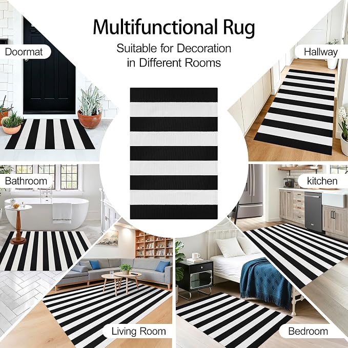 Black and White Striped Rug 27.5x43 Inches Front Porch Layered Door Mats Small Washable Cotton Indoor Outdoor Carpet for Entryway Patio Farmhouse Decor