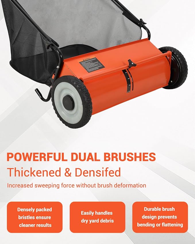 Push Lawn Sweeper for Leaves, 26" Width Heavy Duty Steel Frame Grass Catcher with 7 Cu. Ft. Hopper Bag & 4 Spinning Brushes for Yard and Garden Cleanup, Orange